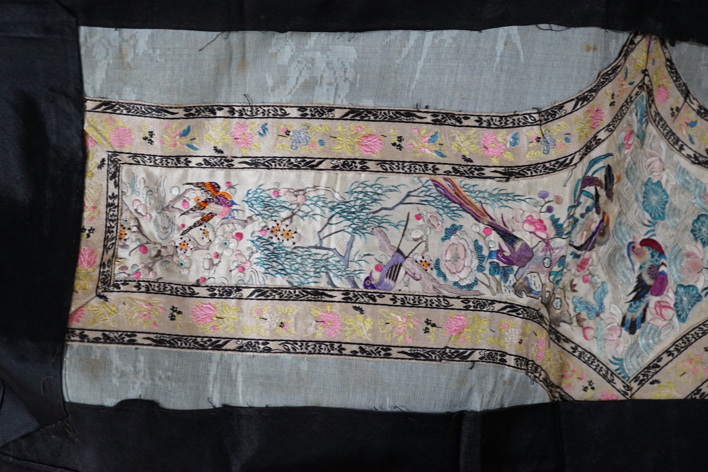 Two mid 20th century Chinese embroidered Rank Badges, a large gold thread dragon embroidered collar, three Chinese embroidered panels and a Japanese 1930’s Shantung silk dragon embroidered Kimono dressing gown